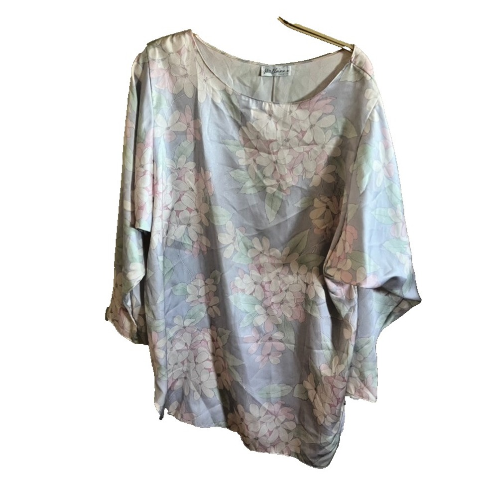 Miss Elaine Floral Satin Vintage Long Sleeve NIghtgown Sz M Pastel Feminine